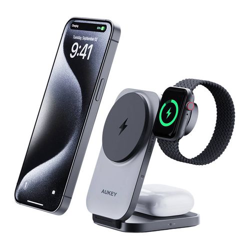 Magnetic Wireless Charger 3 in 1 MagFusion Aukey LC-MC312, 15W Qi2 (gray), Aukey LC-MC312