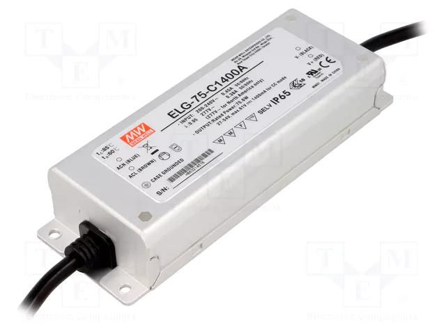 Power supply: switching; LED; 75W; 27÷54VDC; 700÷1400mA; IP65; 90% MEAN WELL ELG-75-C1400A