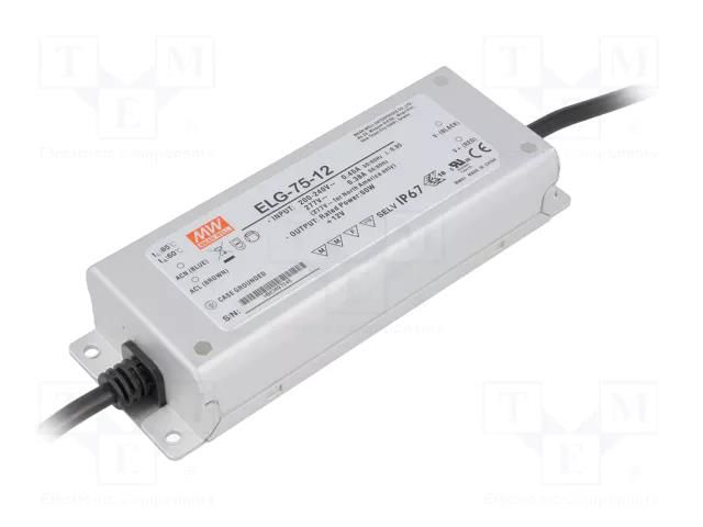 Power supply: switching; LED; 60W; 12VDC; 5A; 180÷295VAC; IP67; 85% MEAN WELL ELG-75-12