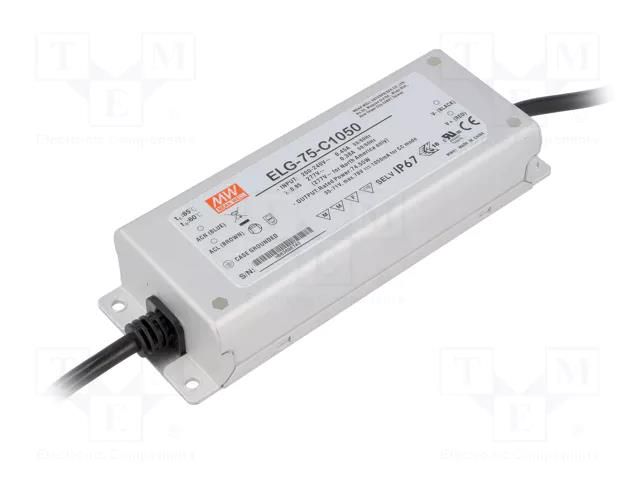 Power supply: switching; LED; 74.55W; 35÷71VDC; 1050mA; 180÷295VAC MEAN WELL ELG-75-C1050