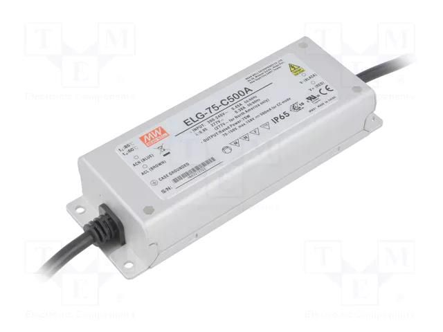Power supply: switching; LED; 75W; 75÷150VDC; 250÷500mA; IP65; 91% MEAN WELL ELG-75-C500A