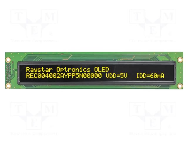 Display: OLED; alphanumeric; 40x2; Dim: 182x38.5x9.3mm; yellow RAYSTAR OPTRONICS REC004002AYPP5N01