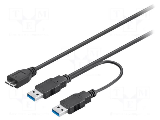 Cable; USB 3.0; USB A plug x2,USB B micro plug; 0.3m; black; PVC Goobay USB3.0Y-MICBM/0.3