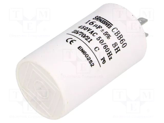 Capacitor: polypropylene; motors, run; 16uF; 450V; Ø40x70mm; ±5% SR PASSIVES CBB60A-16/450
