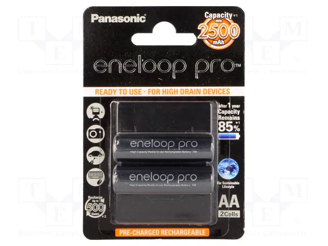 Re-battery: Ni-MH; AA; 1.2V; 2450mAh; ENELOOP PRO; Ø14.35x50.4mm PANASONIC ACCU-R6/2450-B2