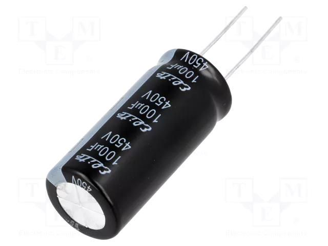 Capacitor: electrolytic; THT; 100uF; 450VDC; Ø18x40mm; Pitch: 7.5mm Elite PF2W101MNN1840