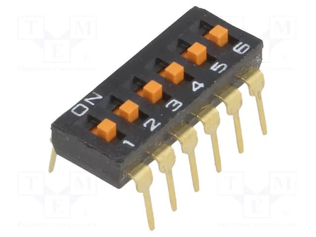Switch: DIP-SWITCH; Poles number: 6; ON-OFF; 0.025A/24VDC; Pos: 2 OMRON Electronic Components A6T-6104