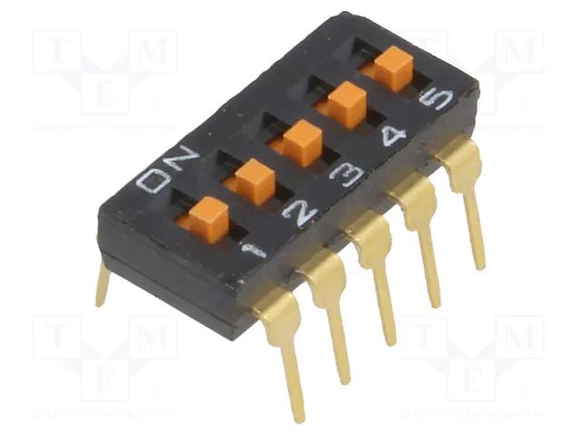 Switch: DIP-SWITCH; Poles number: 5; ON-OFF; 0.025A/24VDC; Pos: 2 OMRON Electronic Components A6T-5104
