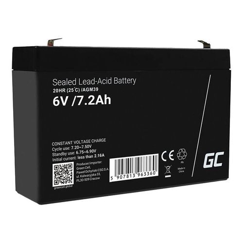 Maintenance-free AGM VRLA Battery Green Cell AGM39 6V 7.2Ah (for alarm system, cash register, toy), Green Cell AGM39