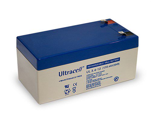 UL lead acid battery 12 V, 3.4 Ah (UL3.4-12), white-blue - Faston (4.8mm) lead acid battery, VdS 46689