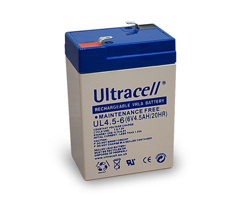 UL lead acid battery 6 V, 4.5 Ah (UL4.5-6), white-blue - Faston (4.8mm) lead acid battery 46758