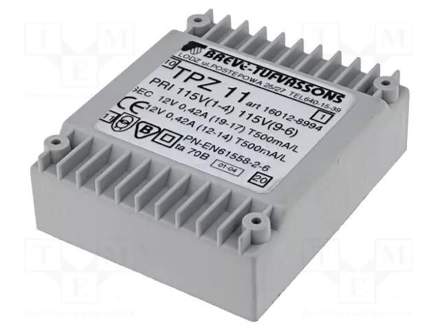 Transformer: mains; 11VA; 115VAC,230VAC; 12V; 12V; 458mA; PCB; IP00 BREVE TUFVASSONS TPZ11/2X12V