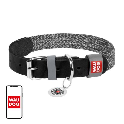 Dog collar made of natural leather and recycled material with QR code Waudog size M, width 20 mm, black, Waudog 58921