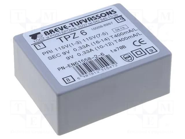 Transformer: mains; 6VA; 115VAC,230VAC; 9V; 9V; 330mA; PCB; IP00 BREVE TUFVASSONS TPZ6/2X9V