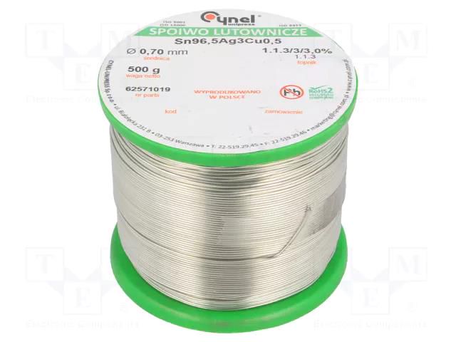 Tin; lead free; Sn96,5Ag3Cu0,5; 700um; 500g; reel; 217÷219°C; 3% CYNEL SAC305-0.7/0.5
