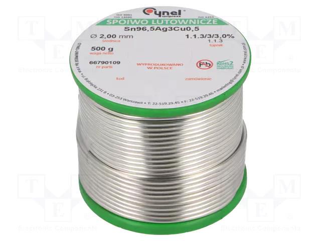Tin; lead free; Sn96,5Ag3Cu0,5; 2mm; 500g; reel; 217÷219°C; 3% CYNEL SAC305-2.0/0.5
