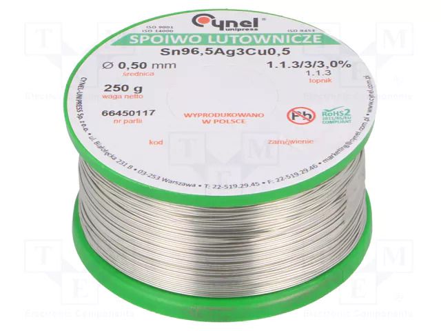 Tin; lead free; Sn96,5Ag3Cu0,5; 500um; 250g; reel; 217÷220°C; 3% CYNEL SAC305-0.5/0.25