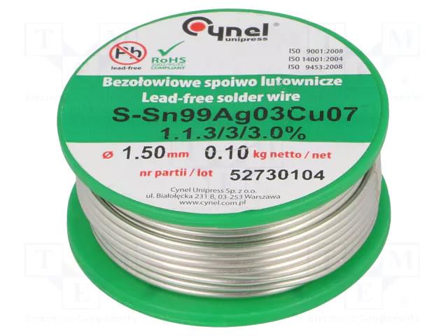 Tin; lead free; Sn99Ag0,3Cu0,7; 1.5mm; 100g; reel; 216÷227°C; 3% CYNEL SAC0307-1.5/0.1