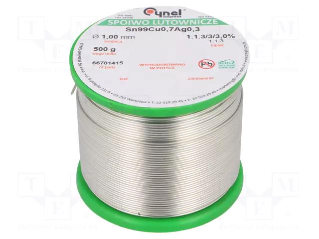 Tin; lead free; Sn99Ag0,3Cu0,7; 1mm; 500g; reel; 216÷227°C; 3% CYNEL SAC0307-1.0/0.5