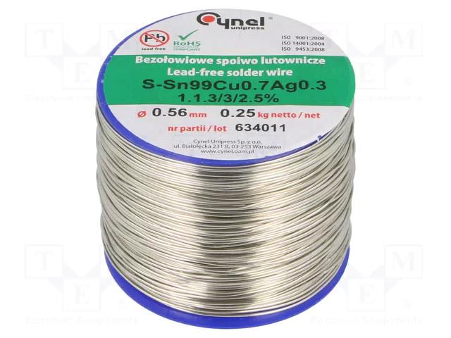 Tin; lead free; Sn99Ag0,3Cu0,7; 0.56mm; 250g; reel; 216÷227°C; 3% CYNEL SAC0307-0.56/0.25