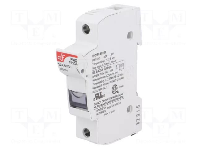 Fuse holder; 10.3x38mm; for DIN rail mounting; 32A; 690VAC; grey DF ELECTRIC PMX10X38-1