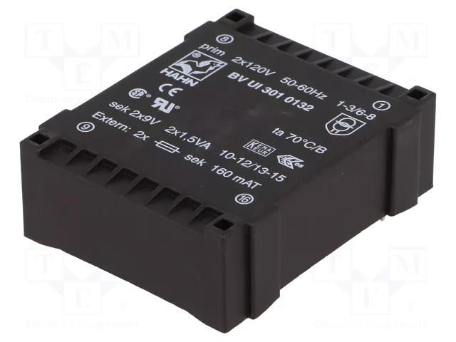 Transformer: encapsulated; 3VA; 115VACx2; 9V; 9V; 167mA; 167mA; PCB HAHN BVUI3010132