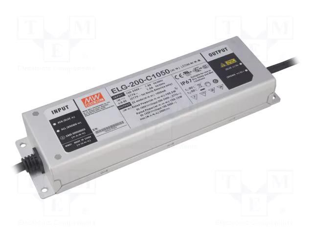 Power supply: switching; LED; 199.5W; 95÷190VDC; 1050mA; IP67; 93% MEAN WELL ELG-200-C1050