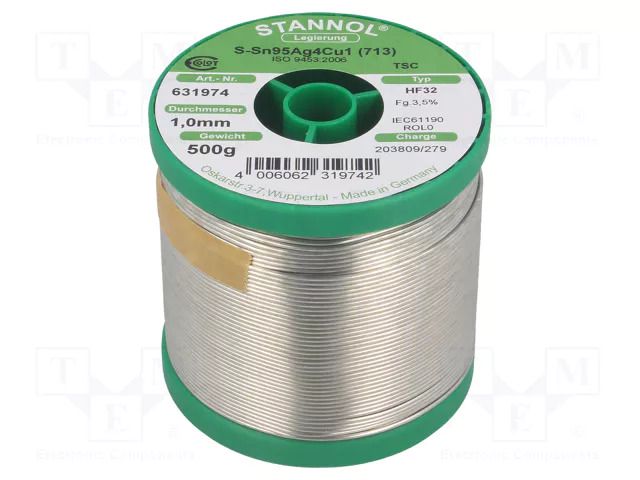 Tin; lead free; Sn95,5Ag3,8Cu0,7; 1mm; 0.5kg; reel; 217°C; HF32 STANNOL SN955HF32/1.0/0.5