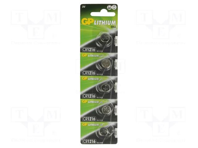 Battery: lithium; CR1216,coin; 3V; 25mAh; non-rechargeable; 5pcs. GP BAT-CR1216/GP-B5