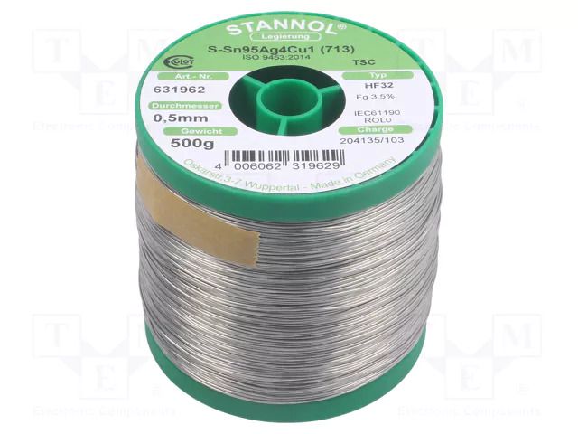 Tin; lead free; Sn95,5Ag3,8Cu0,7; 0.5mm; 0.5kg; reel; 217°C; HF32 STANNOL SN955HF32/0.5/0.5