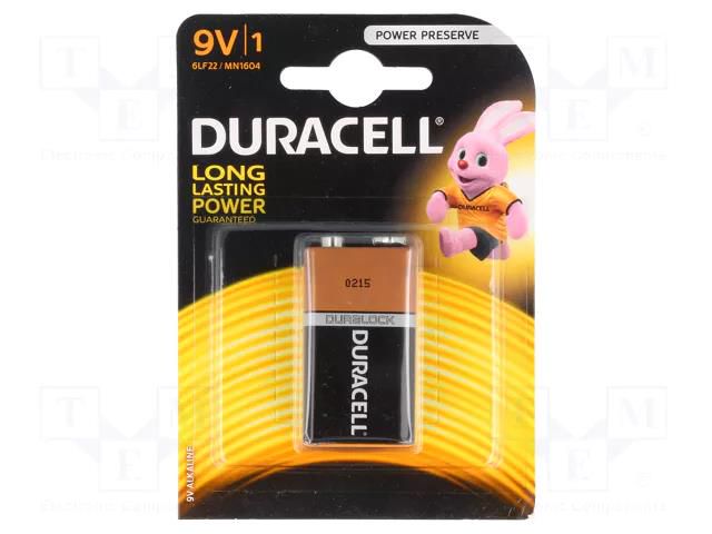 Battery: alkaline; 6F22; 9V; non-rechargeable; 1pcs; BASIC DURACELL BAT-6LR61/DR