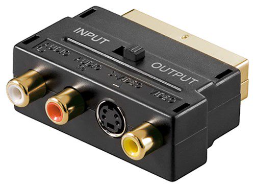 SCART to Composite Audio/Video and S-Video Adapter, IN/OUT, SCART male (21-pin), black - SCART male (21-pin) > 3x RCA female + Mini-DIN 4 female (S-Video) 50499