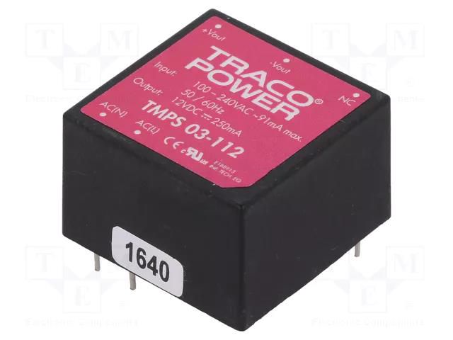 Converter: AC/DC; 3W; Uin: 85÷264VAC,120÷370VDC; Uout: 12VDC; 78% TRACO POWER TMPS03-112