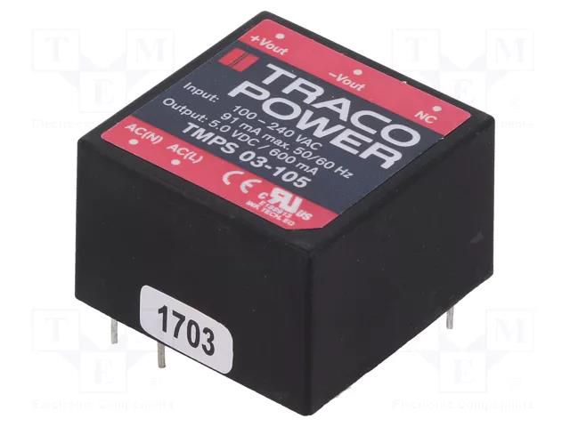 Converter: AC/DC; 3W; Uin: 85÷264VAC,120÷370VDC; Uout: 5VDC; 72% TRACO POWER TMPS03-105