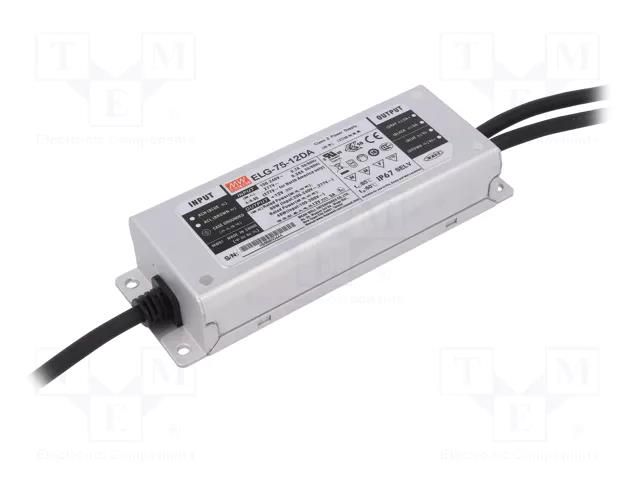 Power supply: switching; LED; 60W; 12VDC; 5A; 100÷305VAC; IP67; 85% MEAN WELL ELG-75-12DA