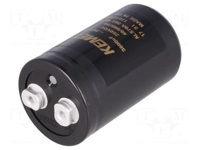 Capacitor: electrolytic; 3.6mF; 250VDC; Ø51x82mm; Pitch: 22.2mm KEMET ALS70A362KE250