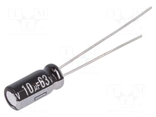 Capacitor: electrolytic; THT; 10uF; 63VDC; Ø5x11mm; Pitch: 2mm; ±20% PANASONIC EEUEB1J100S