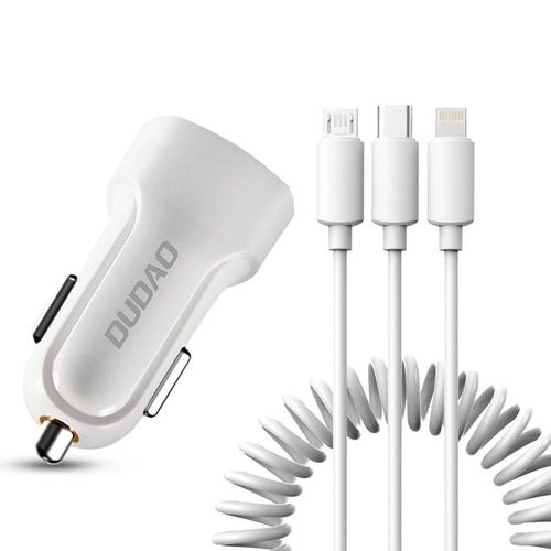 Dudao car kit charger 2x USB 2.4A + cable USB 3in1 Lightning / Type C / micro USB cable white (R7 white), Dudao 6970379614556 6970379614556