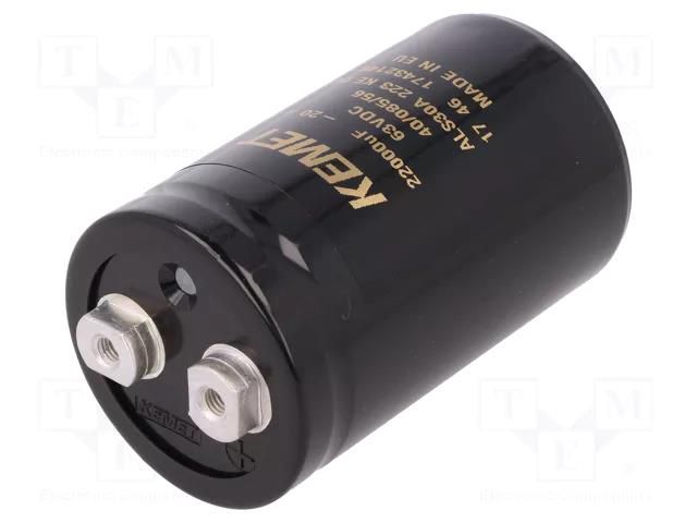 Capacitor: electrolytic; 22mF; 63VDC; Ø51x82mm; Pitch: 22.2mm; ±20% KEMET ALS30A223KE063