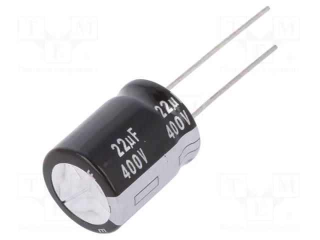 Capacitor: electrolytic; THT; 22uF; 400VDC; Ø16x20mm; Pitch: 7.5mm PANASONIC EEUEB2G220S