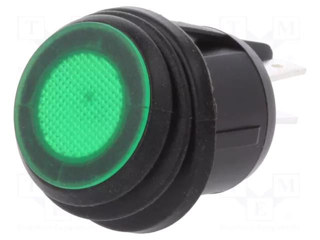 ROCKER; DPST; Pos: 2; ON-OFF; 20A/12VDC; green; IP65; neon lamp; 50mΩ SCI R13-244B8-02-BBG