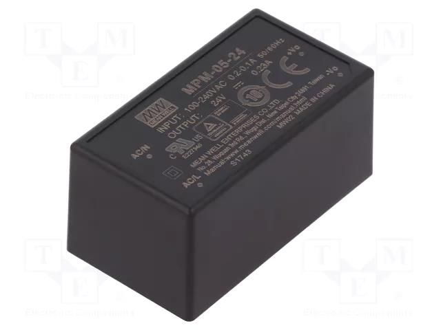 Converter: AC/DC; 5.5W; Uin: 80÷264VAC; 24VDC; Iout: 230mA; OUT: 1 MEAN WELL MPM-05-24