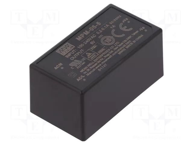 Converter: AC/DC; 5W; Uin: 80÷264VAC; 5VDC; Iout: 1A; OUT: 1; 80%; PCB MEAN WELL MPM-05-5