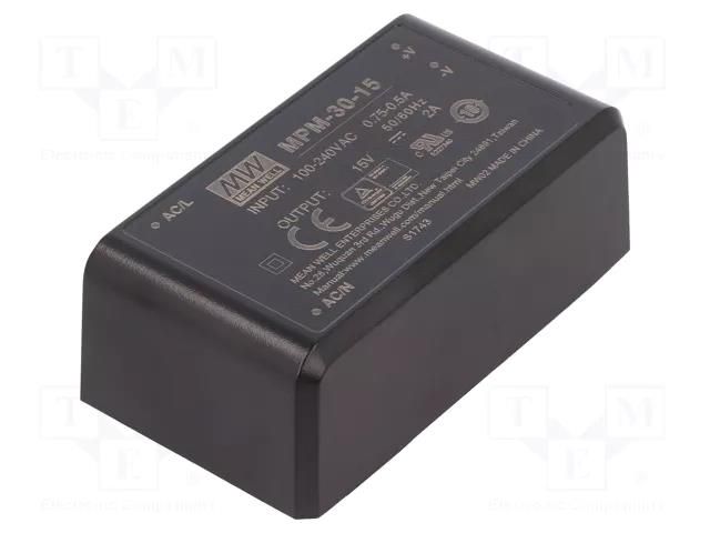 Converter: AC/DC; 30W; Uin: 80÷264VAC; 15VDC; Iout: 2A; OUT: 1; 89% MEAN WELL MPM-30-15