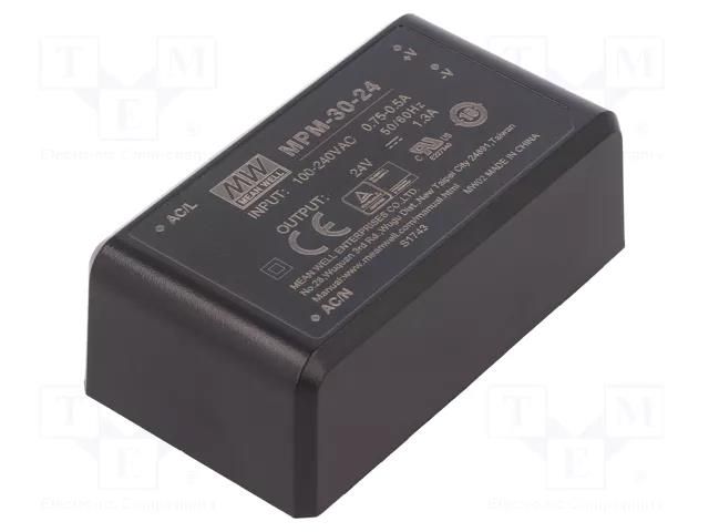 Converter: AC/DC; 30W; Uin: 80÷264VAC; 24VDC; Iout: 1.3A; OUT: 1; 90% MEAN WELL MPM-30-24