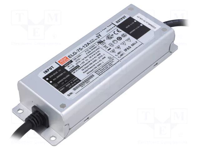 Power supply: switching; LED; 60W; 12VDC; 2.5÷5A; 100÷305VAC; IP65 MEAN WELL ELG-75-12A-3Y