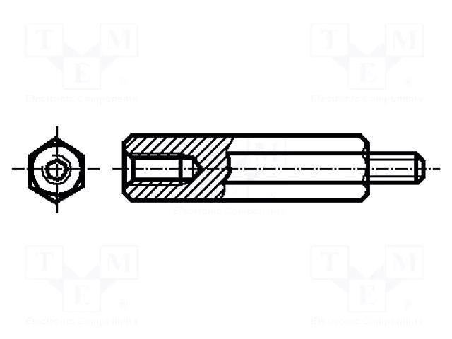 Screwed spacer sleeve; 17mm; Int.thread: M2,5; Ext.thread: M2,5 DREMEC TFM-M2.5X17/DR222