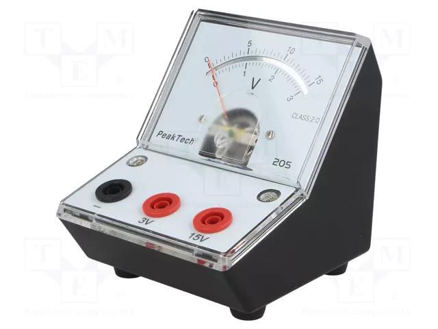 Voltmeter; 0÷3V,15V; 90x106x103mm; 2%; Meter: analogue; 50Ω PEAKTECH PKT-P205-05