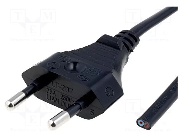 Cable; 2x0.5mm2; CEE 7/16 (C) plug,wires; PVC; 1.8m; black; 2.5A LIAN DUNG S1-2/05/1.8BK