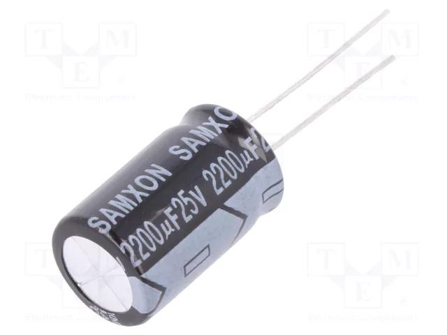 Capacitor: electrolytic; THT; 2200uF; 25VDC; Ø12.5x20mm; Pitch: 5mm SAMXON KM2200/25